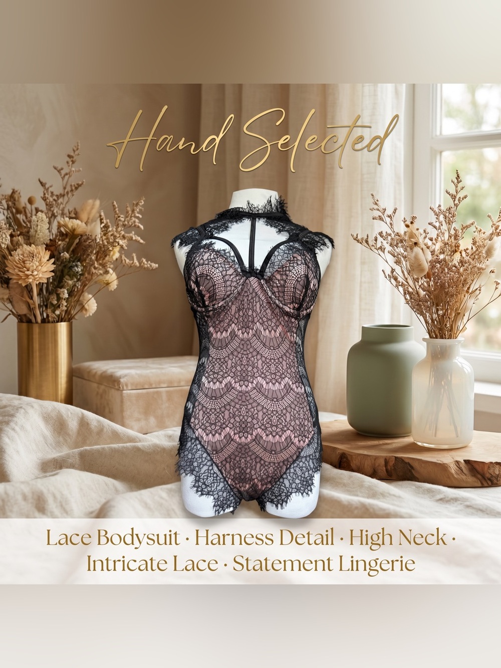Dreamgirl Black Eyelash Lace Teddy Bodysuit Open Back Blush Lining Coquette S